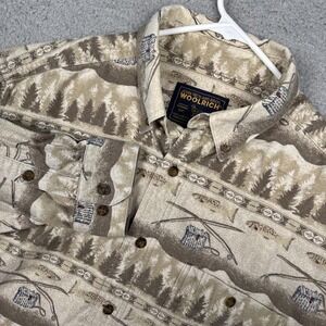 Woolrich Shirt Mens XL Beige Fishing Print Flannel Long Sleeve Button Up Outdoor